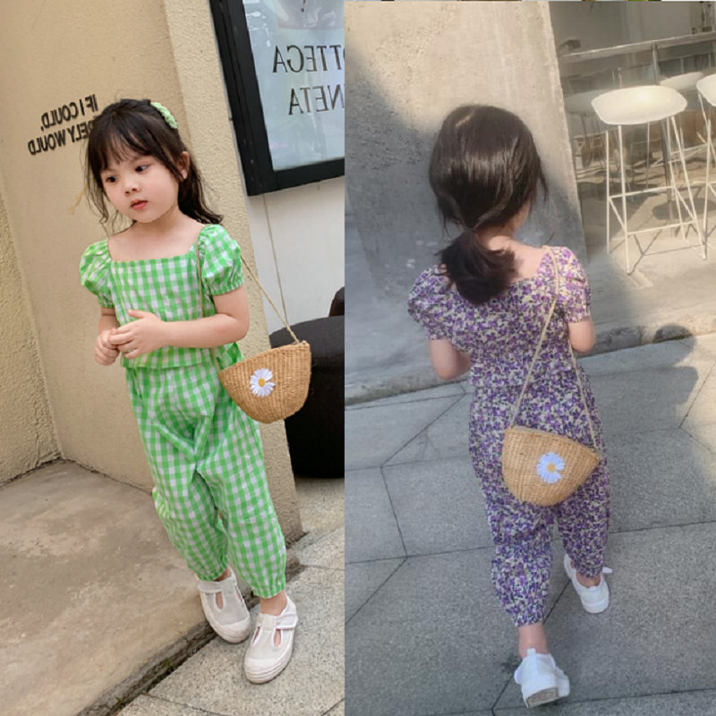 

SK INS Summer Kids Girls Clothing Sets Toddler New Summer Girl Plaid Printed Floral Tops with Pants Suit Children 2PCS Clothes Outfits, White