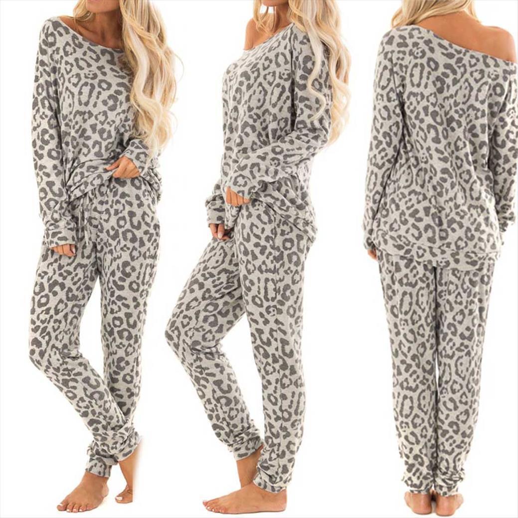 

2pcs tracksuit leopard print womens pants sets leisure wear lounge suit, White
