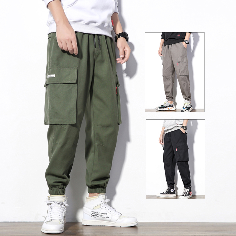 

2021 New Plus Size Multi Pocket Casual Men Big Trousers Overall Cotton Pants Male Long Baggy Large Trouser HF98, Green