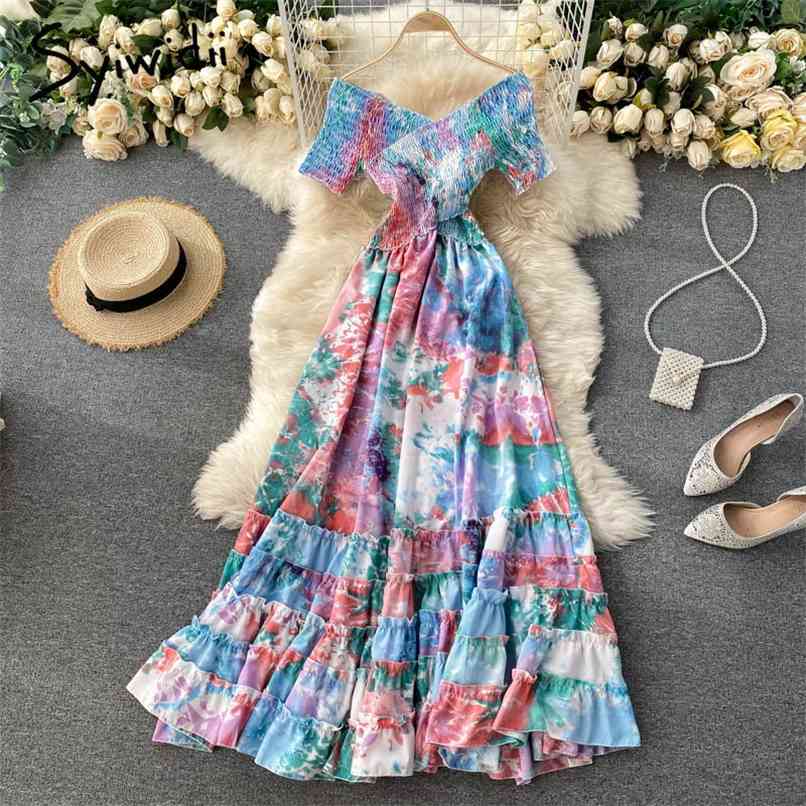 

Dress for Women Summer Folds Elastic V-Neck Fashion Office Lady Causal Tie Dye Long Dresses Blue Green Pink 210607, Rose red