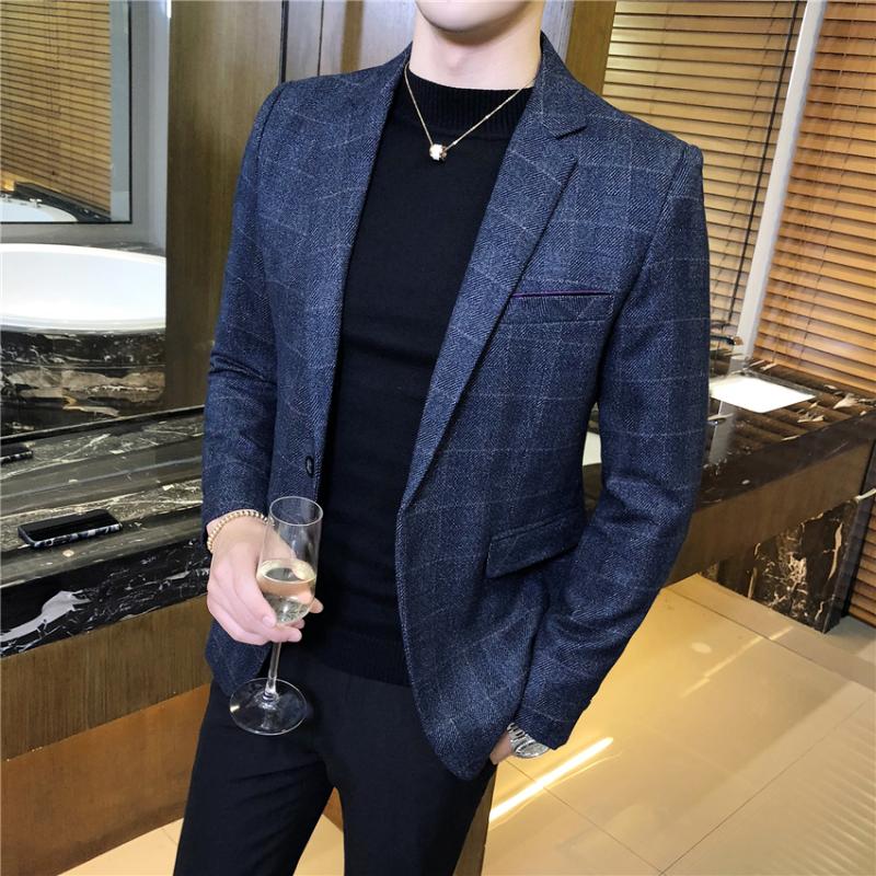 

Men' Suits & Blazers 2021 Classic Men Plaid Suit Jacket Fashion Business Banquet Dress Jackets Slim Design Blazer Coats Size 4XL 5XL, Blue