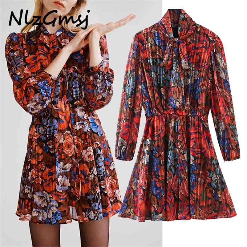 

Dres Boho Print Pleated Bow Neck Elegant Mini Long Sleeve Beach Chiffon Lady Sundress Spring 210628, As picture