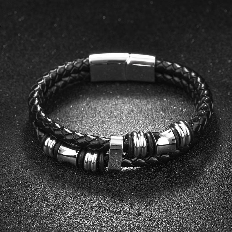 

Charm Bracelets OBSEDE Vintage Black Genuine Leather Bracelet Silver Color Stainless Steel Clasp Bangles Slubby Beads For Men Jewelry Gift