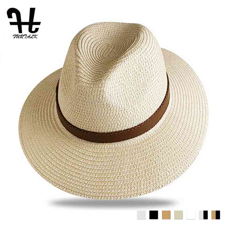 

FURTALK Summer Straw Hat for Men Women Sun Beach Jazz Panama s Fedora Wide Brim Protection Cap with Leather Belt 210709, Ivory 1