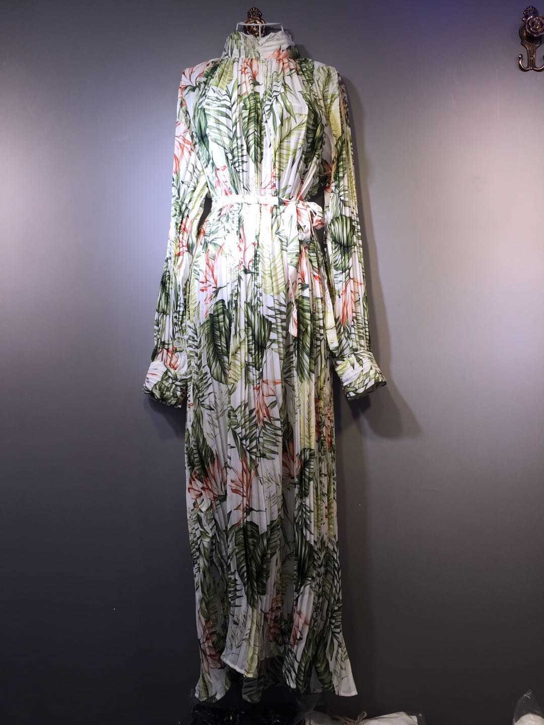 

Stand Loose Sliim Belt Pleated Full Printed Chiffon Fashionable Ankle-Length Dress for Women 210615, 29