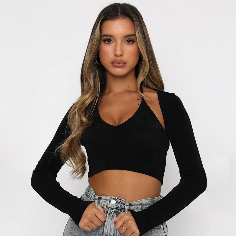 

Women' T-Shirt Ladies Long-Sleeved Camisole Suit Top Solid Color With 2021 Autumn Casual High Street Fashion Simple Personality, Black