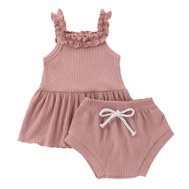 

Clothing Sets 2PCS Summer Born Kid Baby Girls Clothes Sleeveless Solid Knitted Ruffled Leaf Skirt Top + Drawstring Briefs Shorts Outfits