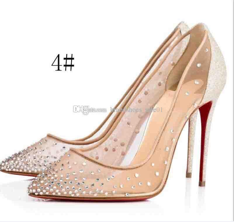 

2020 New Spring Summer Elegant Styles Women Shoes Rhinestone high Heels Red Bottoms Crystals Pointed Toe Mesh Pumps Red Sole Wedding Shoes, 5#