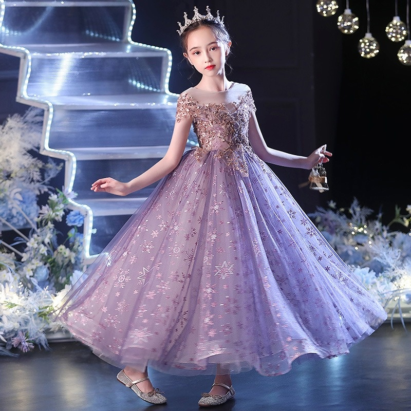 Vintage Flower Girls Dresses Sheer Neck Long Hand Made Flowers Kids Formal Wear Hi Lo Satin Ball Gown Girl Dress for Wedding 2021-image-737033210