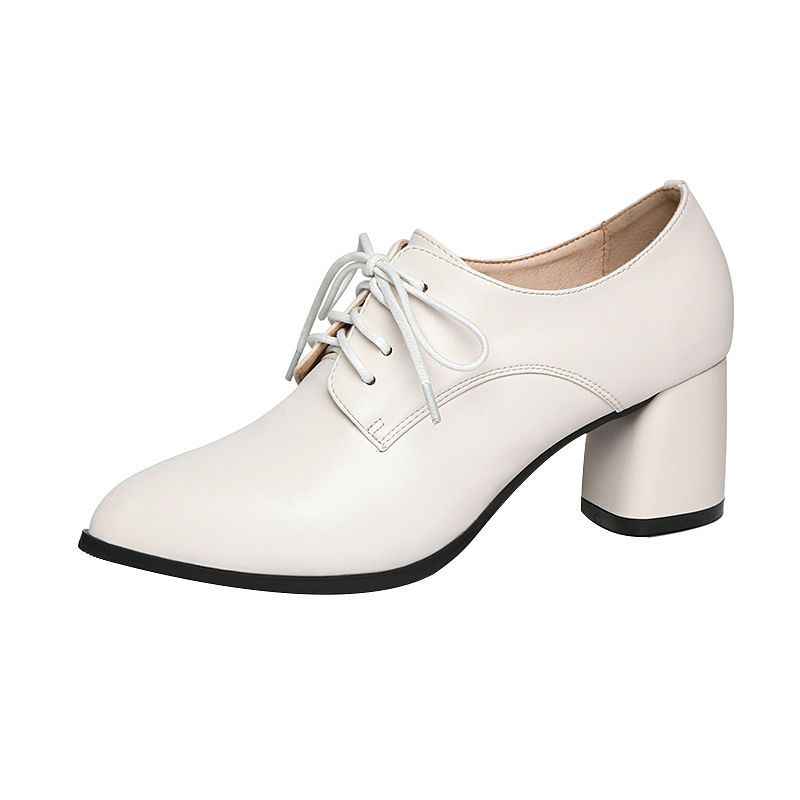 

White Shoes Woman High Heels Women Pumps Office Lady Career Work Shoes Pointed Toe Female Footware Block Heel Black Lace-up