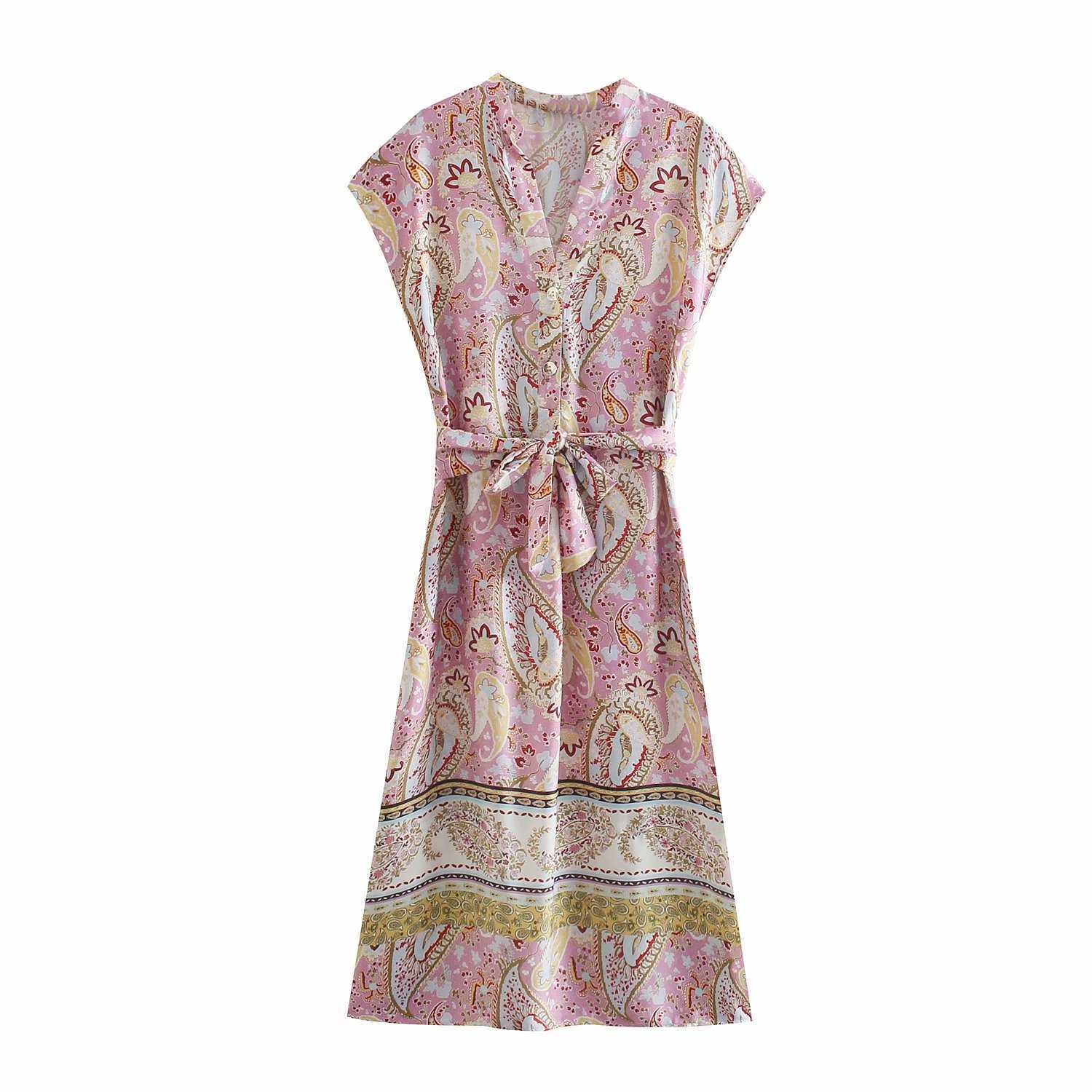 

Women Summer Vintage Printed Dress with Sashes V-neck Sleeveless Button-up Midi Boho Shirt Dresses Woman Robe 210709, Floral printed