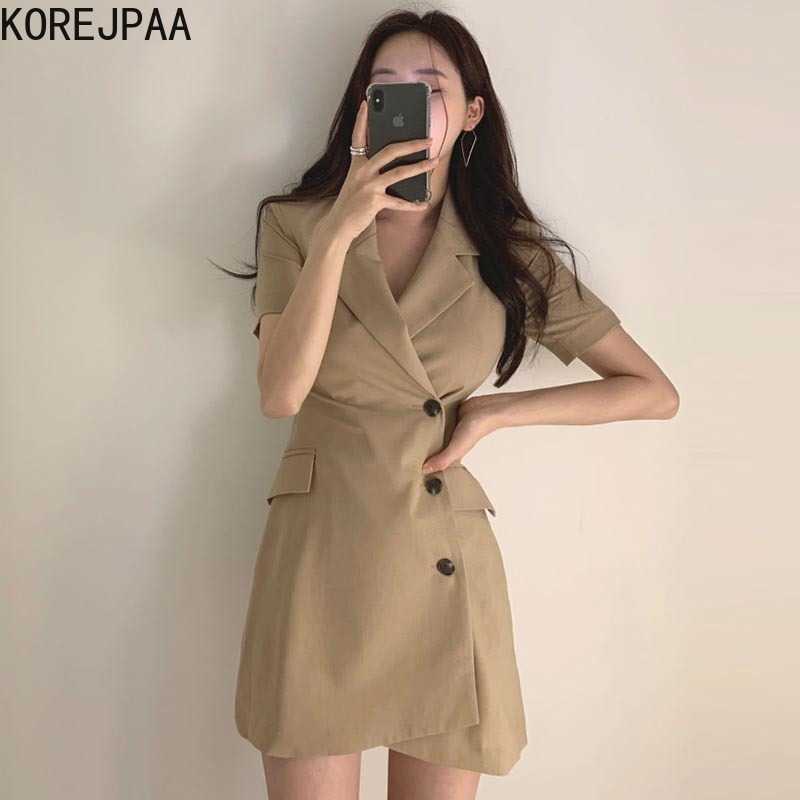 

Korejpaa Women Dress Summer Korean Chic Elegant Temperament Light Mature Style Lapel Side Three Buttons Slim Suit Vestidos 210526, Black