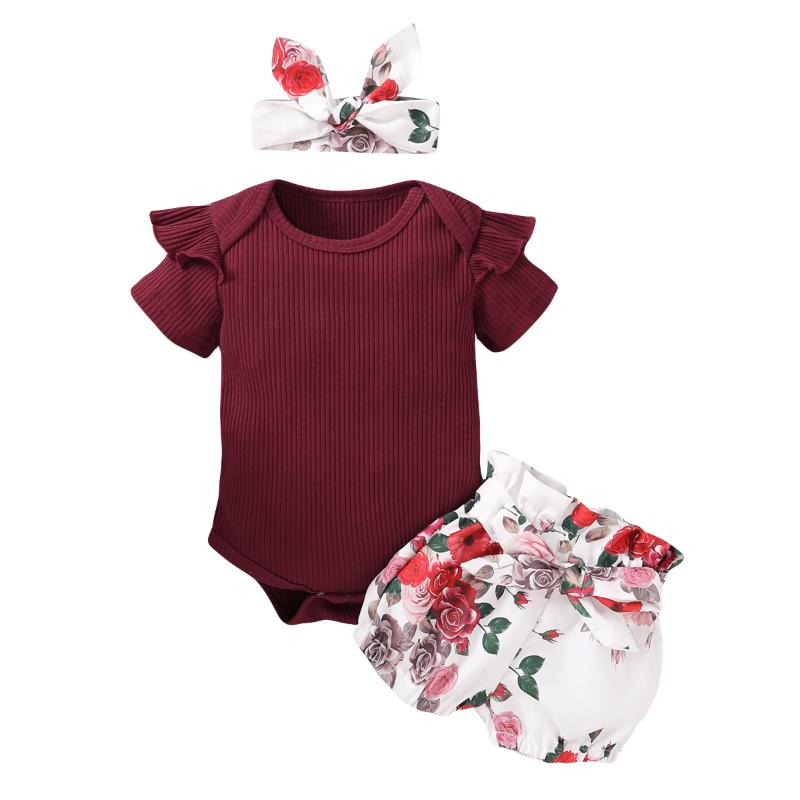 

Clothing Sets 0-24Months Born Baby Girls Clothes Short Sleeve Knitted Bodysuits +floral Shorts +headband 3pcs Set Summer Outfits, White
