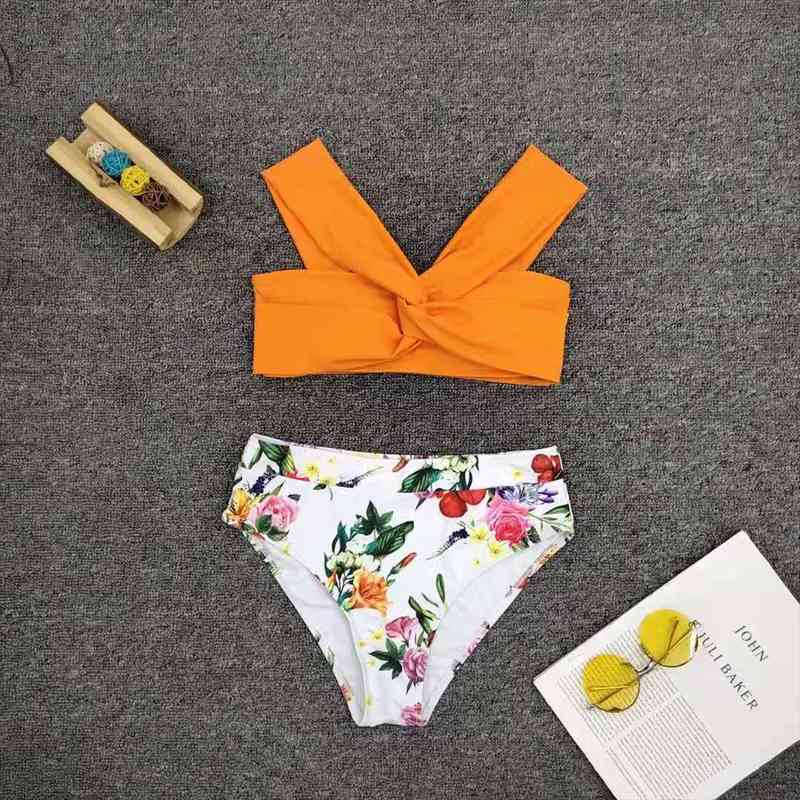 

floral print bikini high neck neon orange push up bra two piece brazilian beach bathing suit high waist swimwear, White;black