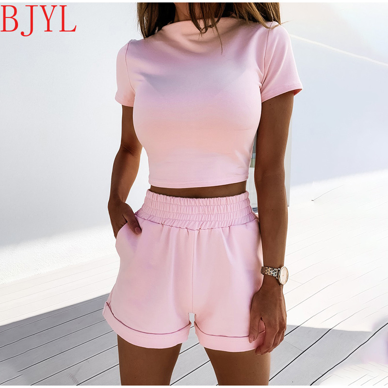 

2021 New Girls 2 Piece Women Short Sleeve Crop Tops Shorts Biker Suits Female Summer Solid Fitness High Waist Ladies Set Ldsx, Pink