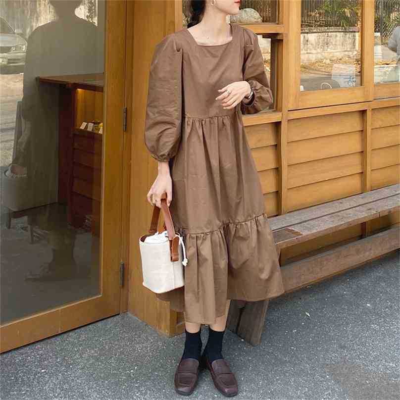 

Stylish Gentle Square Collar Chic Loose Solid Cake Women Vestidoes Sweet Comfortable Retro Long Dresses 210525, Apricot