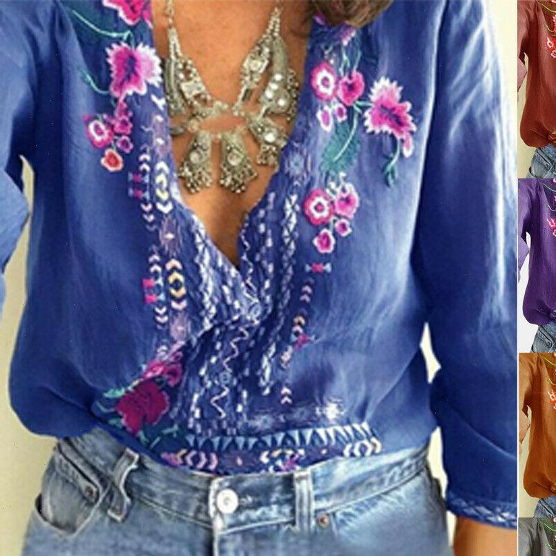 

New Women Ladies Fashion Casual Summer Blouse Baggy Floral Printed V Neck Blouse Party Clubwear, White