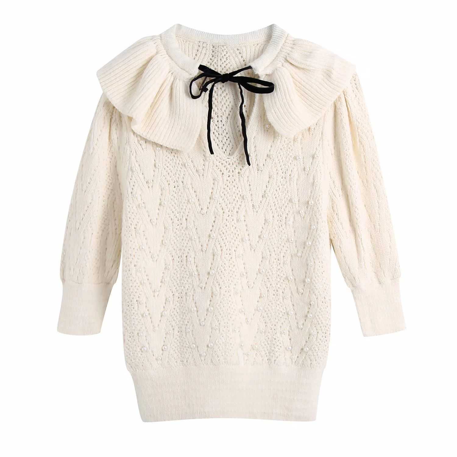 

Women Knit Sweater with Faux Pearls Ruffled Collared Half Sleeves Casual Fashion Elegant Chic Woman Knitted Sweaters 210709, As picture
