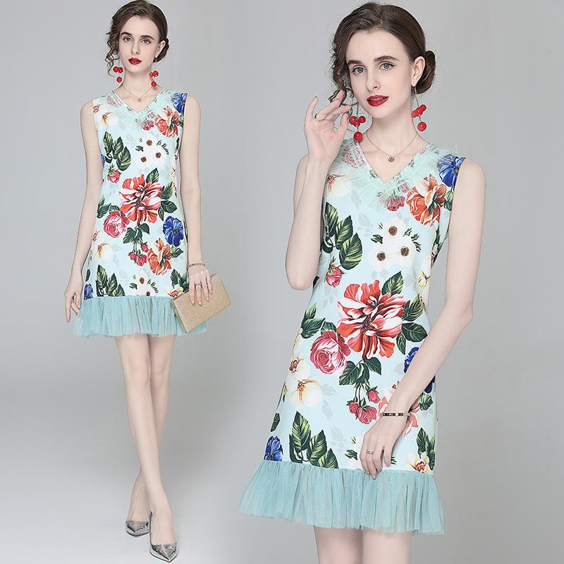 

Casual Dresses 2021 Designer Summer Dress Women V Neck Beading Multicolor Flower Print Lace Mesh Patchwork Ladies Vintage Mini, Mixed color