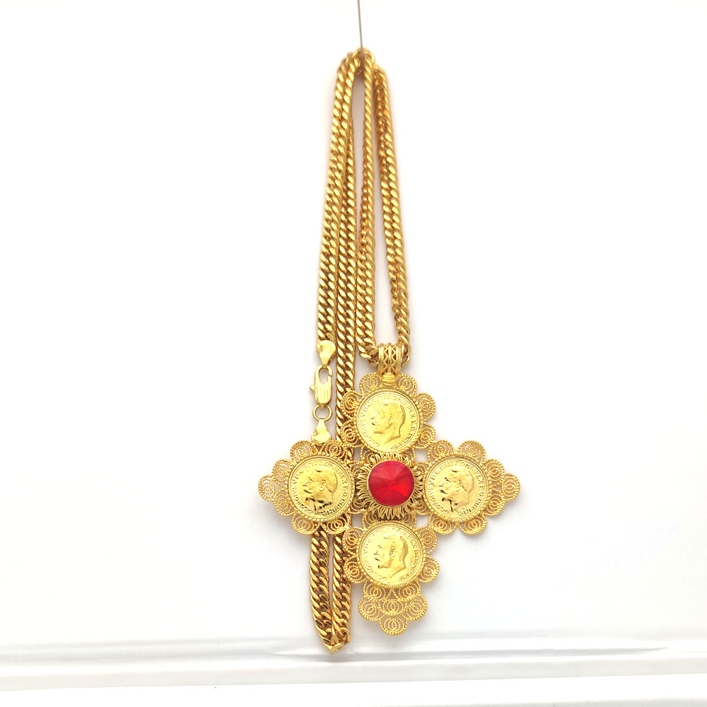 Africa habesha eritrea Ethiopian big Coin Cross Pendants 24K GOLD GF CUBAN DOUBLE CURB CHAIN SOLID HEAVY NECKLACE Jewelry RED CZ-image-731077335