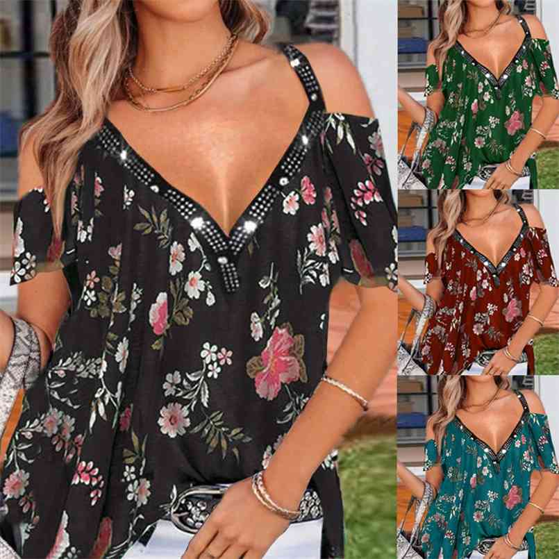 

Summer Women Tops Loose Floral Print Top Sexy V-neck Strapless Short-sleeved T-shirt Casual Large Size Pullover Blusas 210708, Black