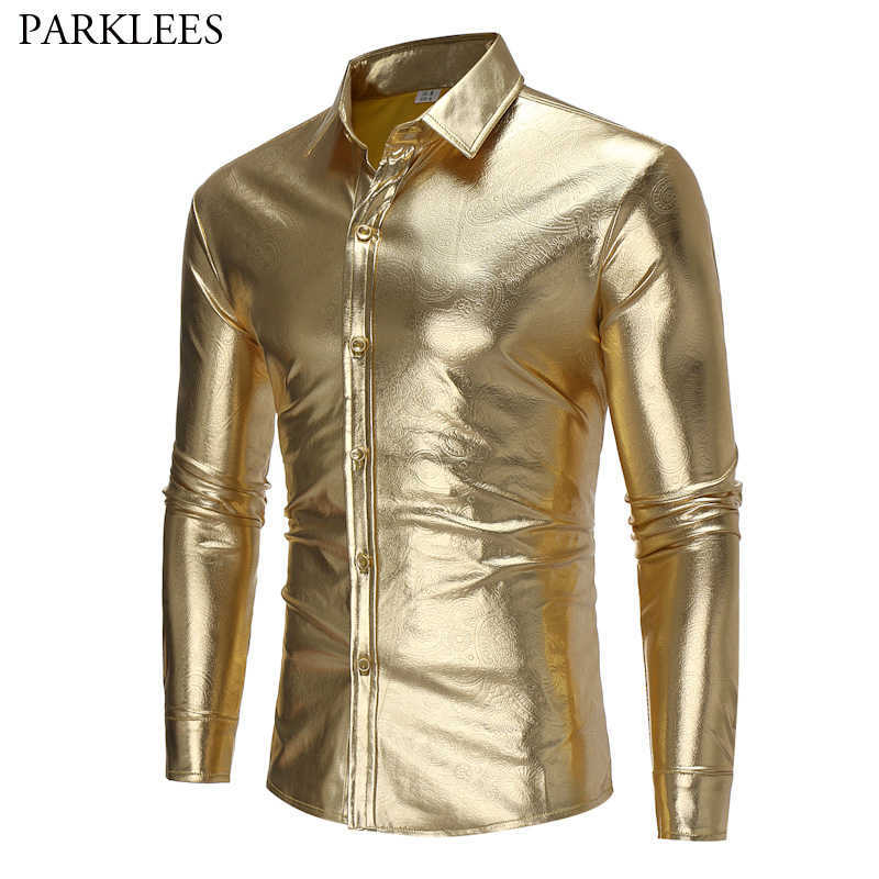 

Gold Coated Metallic Paisley Shirt Men Night Club Wear Slim Fit Chemise Homme Casual Button Down Mens Dress  210721, Black