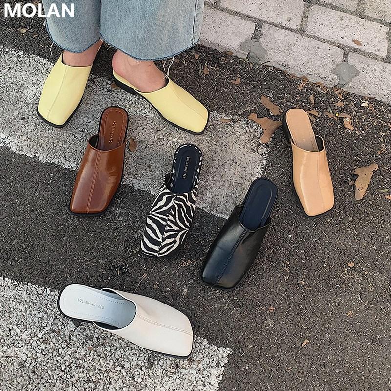 

MOLAN Brand Designer 2021 Fashion Square Toe Striped Leather Woman Slippers Socofy Shoes Slip On Loafers Mules Flip Flops Casual, Black