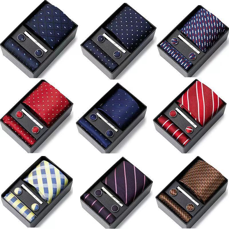 

Bow Ties Wholesale High Quality 7.5 Cm Jacquard Tie Handkerchief Cufflink Set Necktie Box Wedding Accessories Fit Formal Party, Black;gray