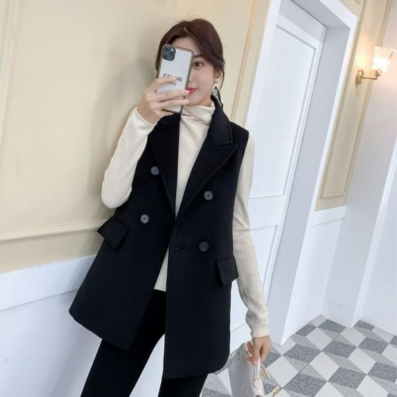 

Women' Vests Casual Turn-Down Collar Blazers Vest Double Breasted Sleeveless Waistcoat Female Classical Coats Autumn Loose Black