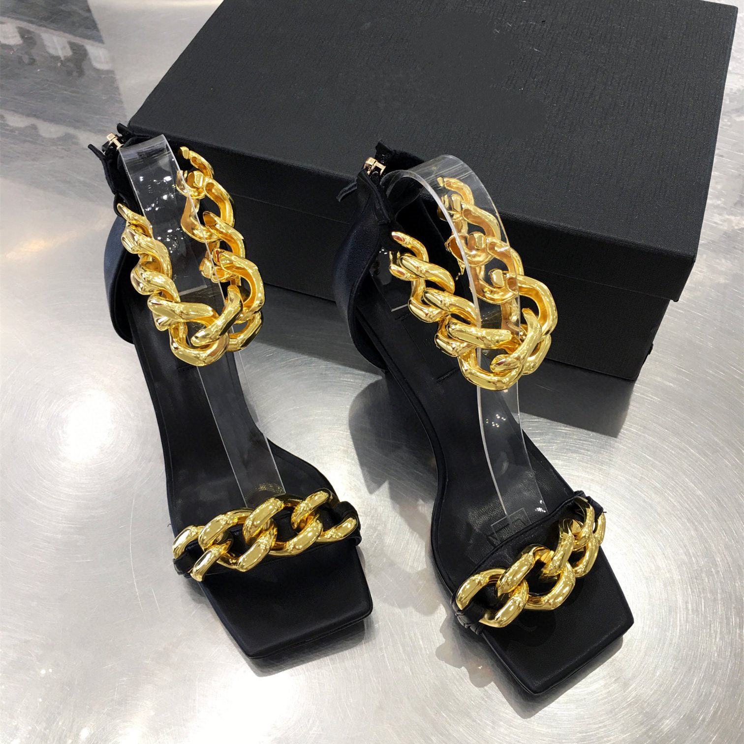 

Sexy Lady Fashion Women's Sandals Casual Designer Black leather One Strappy Chains shoes High heels Gladiator Zapatos Mujer, Color 1