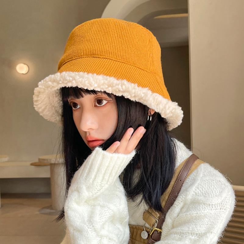 

Wide Brim Hats Appa Bucket Hat Lamb Wool Autumn Winter Warm Fisherman Knitted Thick Fur Men's And Women's Tide Flat Top, Yellow