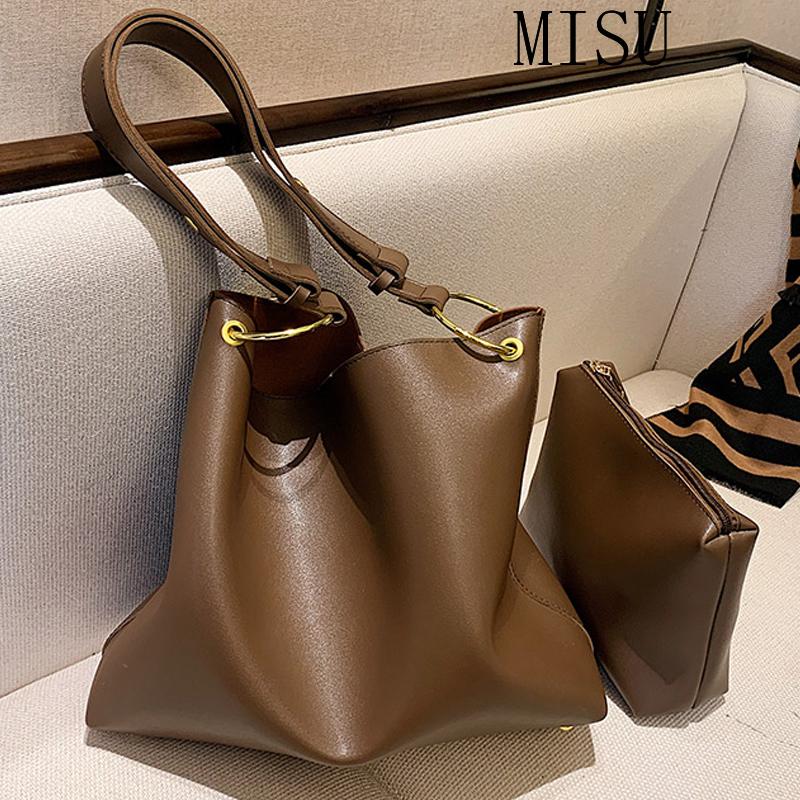 

Ladies Retro Bucket Bag Large Capacity Shoulder Bag Frosted PU Leather Shoulder Female Large Size Casual Handbag, Black