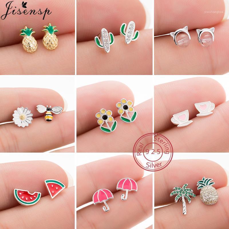 

Real 100% 925 Sterling Silver Earrings For Women Kids Jewelry Lovely Cat Bee Cactus Umbrella Cup Earring Prevent Allergy Brincos Stud, Golden;silver