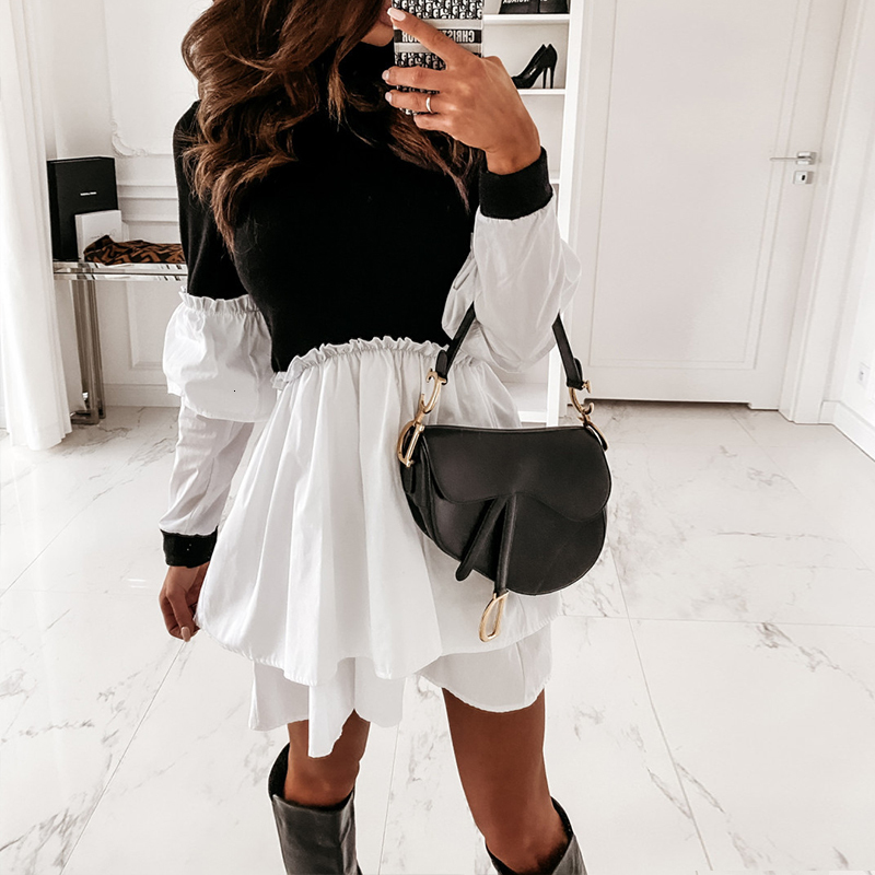 

New Women Flare Sleeve Ruffles Patchwork 2021 Spring Casual Turtleneck Chic Ladies a Line White Black Office Vestidos Ud5u