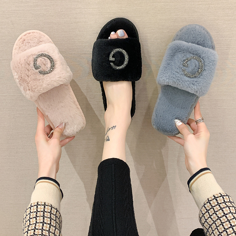 

2021 Winter Women Half Fur Slippers Fashion G Letter Faux Fur Warm Flat Shoes Slip on Home Bedroom Ladies Fuzzy Slipper, Pink