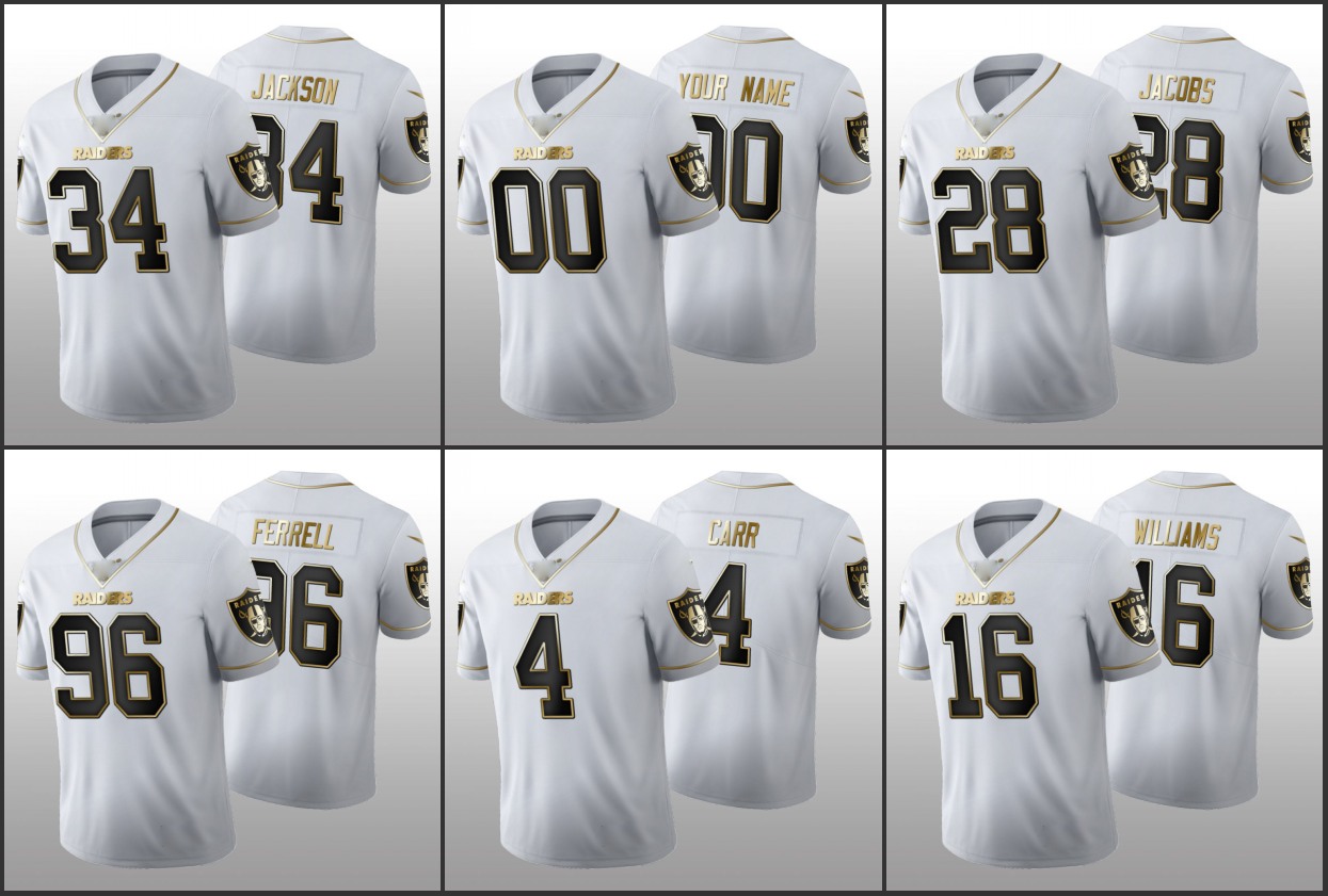 

Las VegasRaidersMen Women Youth #4 Derek Carr 34 Bo Jackson 28 Josh Jacobs 16 Tyrell Williams Custom White 100th Golden Edition Jersey, Black