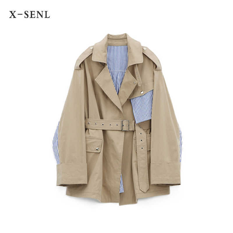 

Windshield Mid-length Spring Striped Patchwork Casual Loose Turn Down Collar Trench Coat for Women 210615, Apricot