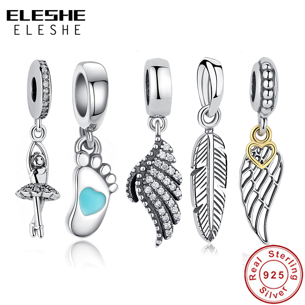 

ELESHE Authentic 925 Sterling Silver Wing Pendant Dangle Charm Beads Fit Original Bracelet Necklace DIY Jewelry Accessories Q0531