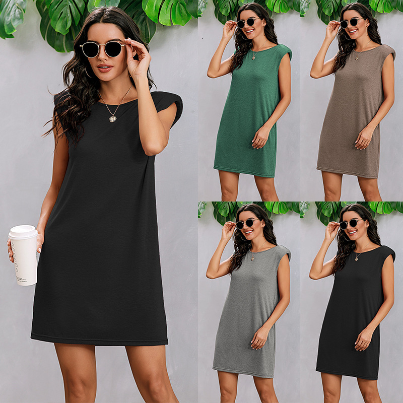 

New 2021 Spring Summer Women' Padded Shoulder Sleeveless Round Neck Female Casual Loose Solid Color Pullover Vestidos P6ac, Light grey