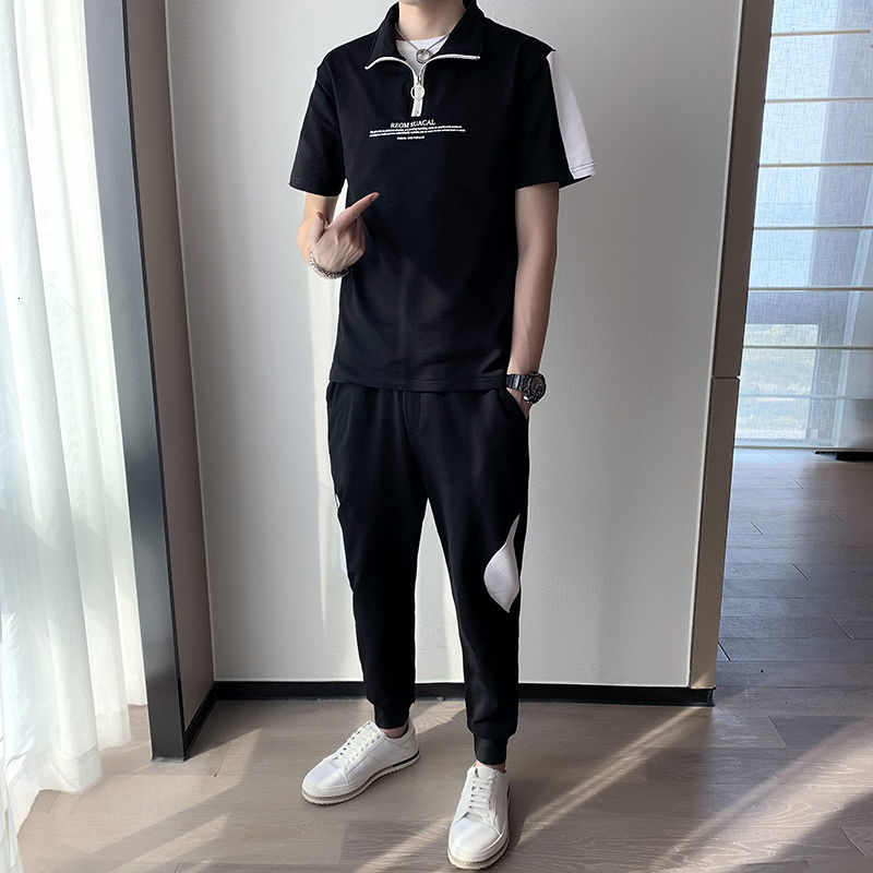 

2021 Summer New Short Sleeve Stand Collar Splicing Two Piece Men's Printed Half Zipper Leisure Sports Chandal De Verano J0ix, White