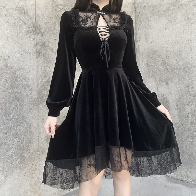 

2021 Black Gothic Autumn Winter Vintage Retro Lace Mini Female Hepburn High Street Party Night Women New Qzf9, Black dress