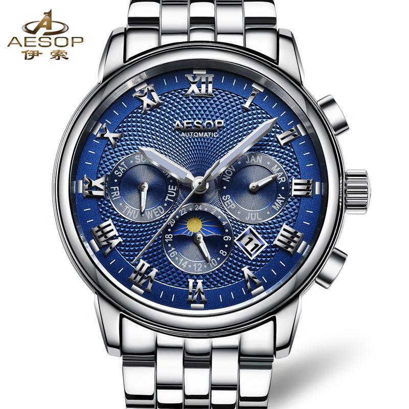 

Wristwatches 2021 Luxury Automatic Mechanical Men's Watch Moon Phase Luminous Calendar Week Men Watches Business Stainless Steel Male Clock, Gray surface silver