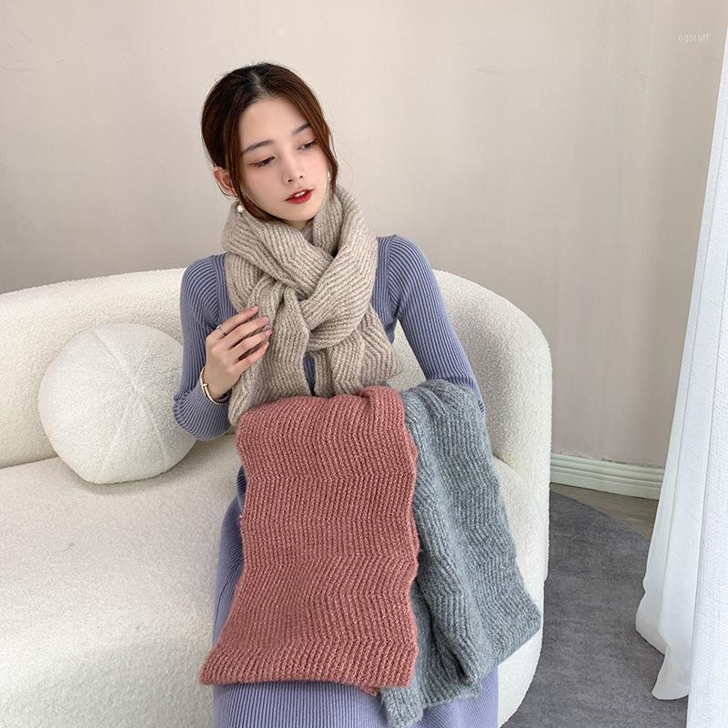 

Scarves Soft Mohair Wave Knitted Scarf For Women Winter Warm Shawl Fashion Solid Neckerchief Wraps Female Foulard, Blue;gray
