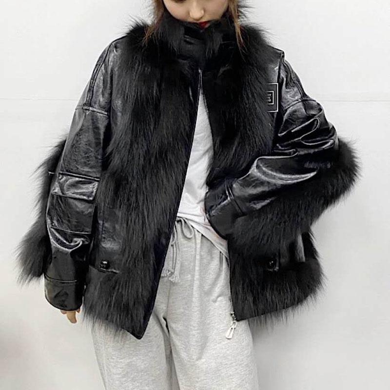 

Women's Leather & Faux Genuine Jacket Women Coat Spring 2022 Fashion High Quality Patchwork Real Fur Clothes Oil Wax Sheepskin, Black