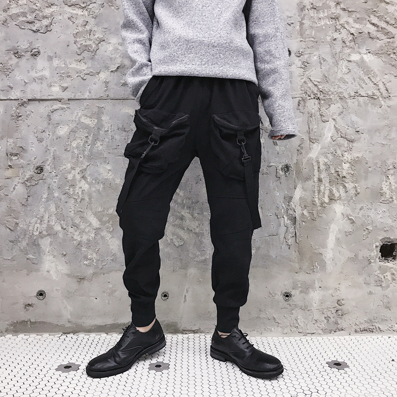 

2021 New Side Pockets Ribbons Men's Hip Hop Patchwork Cargo Sweatpants Joggers Trousers Male Fashion Full Length Harem Pants Streetwear Ez7u, Black