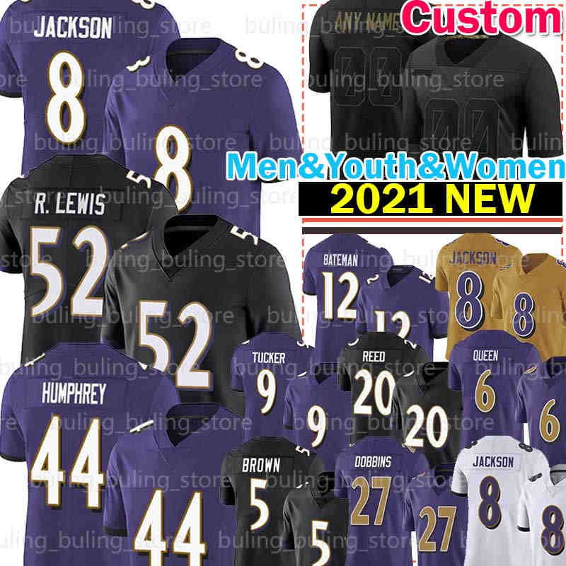 

8 Lamar Jackson Jersey 52 Ray Lewis 44 Marlon Humphrey 12 Rashod Bateman Football 6 Patrick Queen BaltimoreRavensEd Marquise Brown Reed JK Dobbins Jayson Oweh, Custom women jersey(w y)