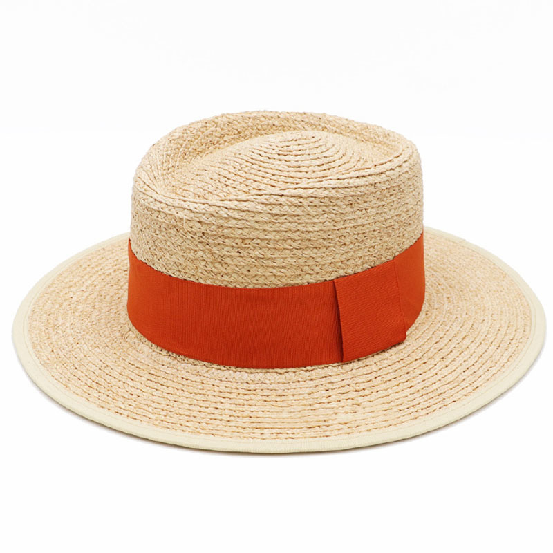 

2021 New Handmade Solid Color Natural Straw Boater Women Summer Elegant Riow Band Skimmer Hats for Men Wide Brim Beach Sun Hat Pgnr, Beige