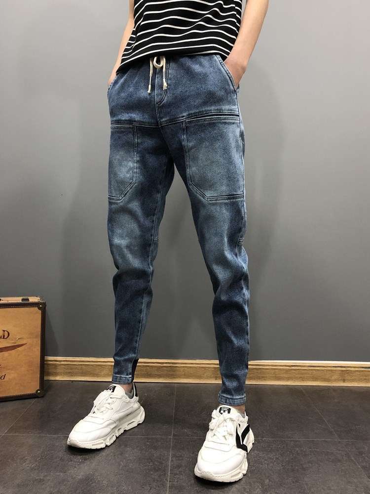 

Spiritual society guy jeans men's fashion brand net red pants spring slim Leggings personality pocket Harem Pants, Blue