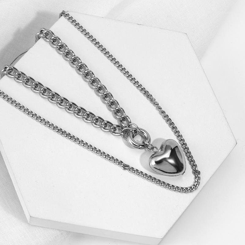 

Fashion Silver Color Double Layered Copper Chain Heart Pendant Necklaces For Women Vintage Necklace Female Boho Jewelry Chains