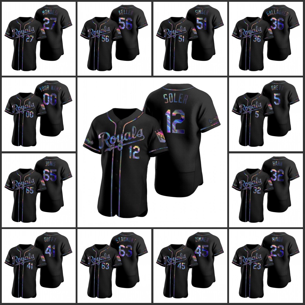 

KansasCityRoyals Men Women Youth #13 Salvador Perez 45 Kyle Zimmer 15 Patrick Mahomes Custom Black Authentic Holographic Golden Edition Jersey